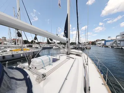 Deck of SHH-BAV50, a Bavaria Cruiser 50 sailboat at Volos, Greece