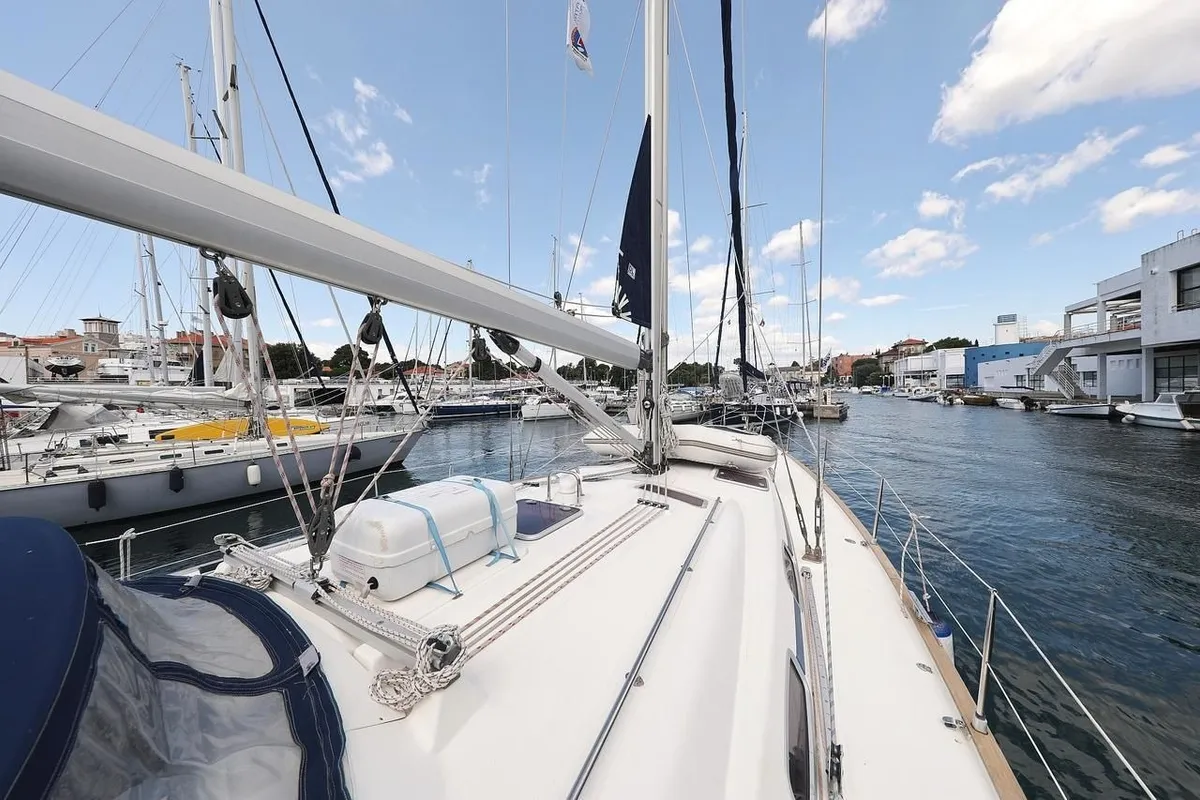 Deck of SHH-BAV50, a Bavaria Cruiser 50 sailboat at Volos, Greece