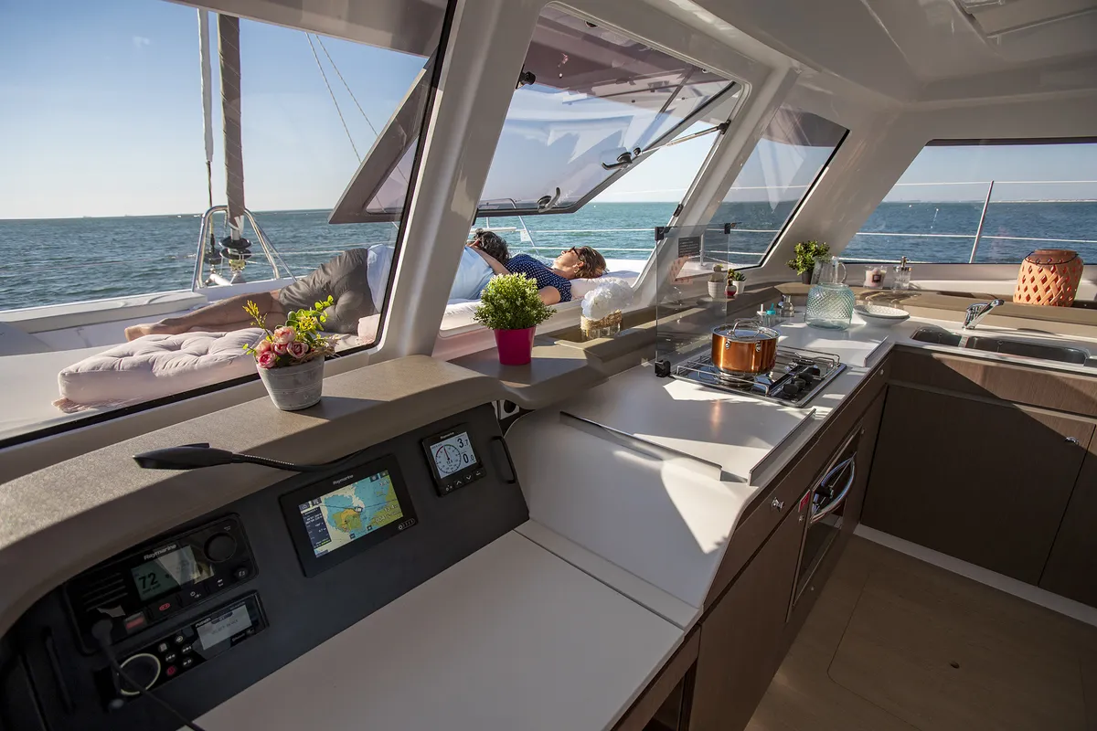 Cockpit of Kvinton, a Bali Catspace catamaran at Grad Biograd na Moru, Croatia