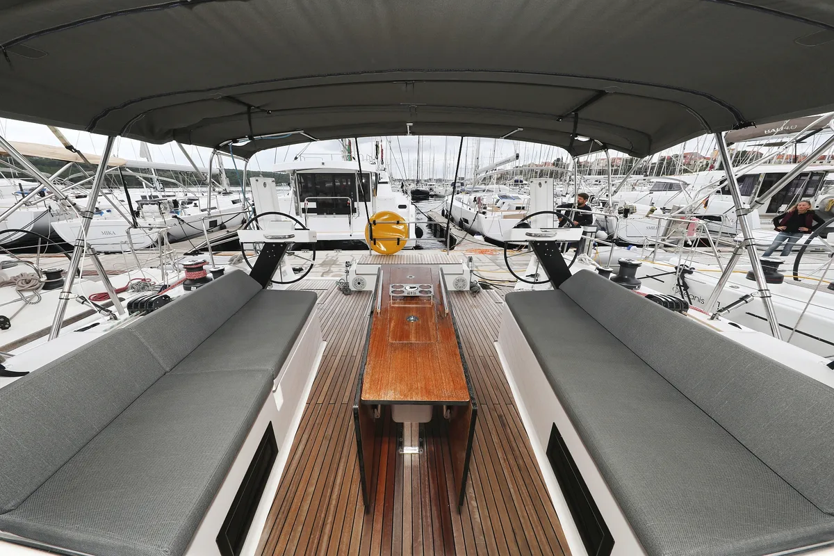 Cockpit of Shooting Star, a Dufour 470 sailboat at Grad Vodice, Croatia