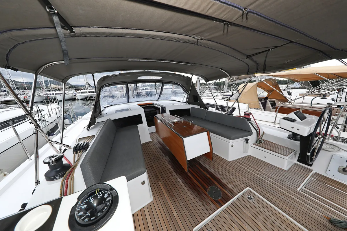 Cockpit of Shooting Star, a Dufour 470 sailboat at Grad Vodice, Croatia