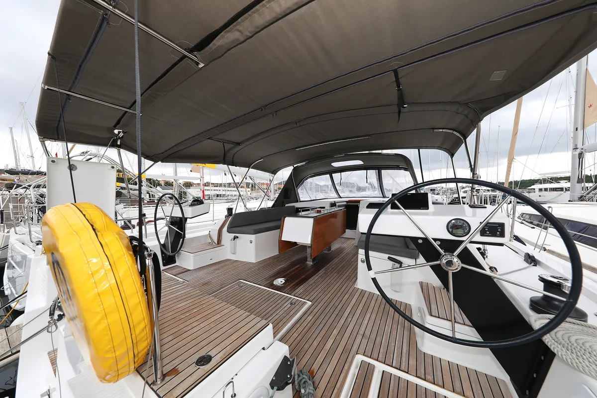 Cockpit of Shooting Star, a Dufour 470 sailboat at Grad Vodice, Croatia