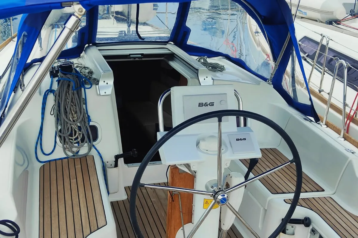 Cockpit of Titina, a Beneteau Oceanis 31 sailboat at Procida, Italy
