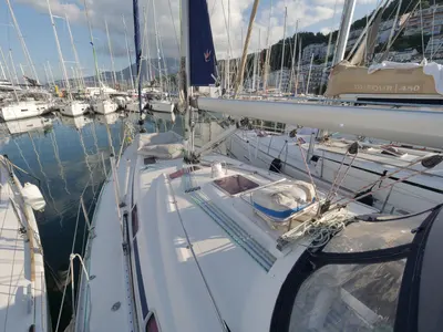 Deck of Andiamo, a Bavaria 42 sailboat at Fethiye, Turkey