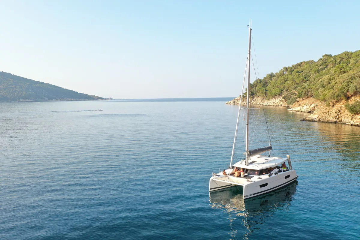 Exterior view of Anasa, a Fountaine Pajot Isla 40 catamaran at Lefkada, Greece