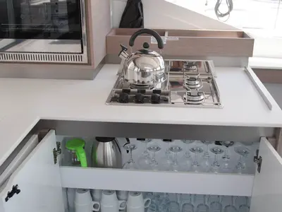 Galley of Anasa, a Fountaine Pajot Isla 40 catamaran at Lefkada, Greece