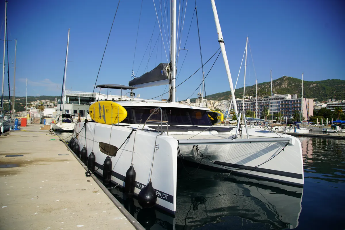 Exterior view of Anasa, a Fountaine Pajot Isla 40 catamaran at Lefkada, Greece