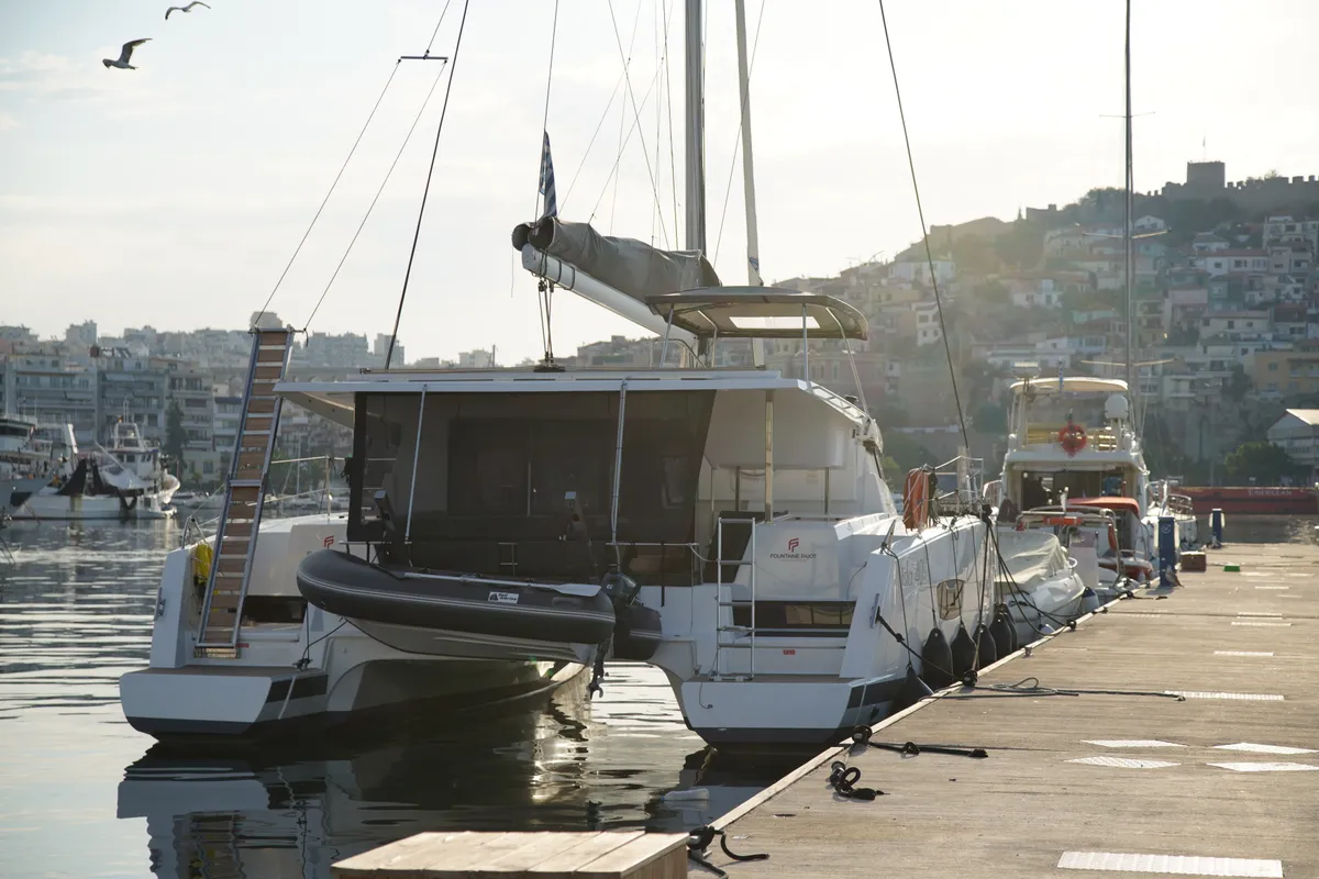 Exterior view of Anasa, a Fountaine Pajot Isla 40 catamaran at Lefkada, Greece