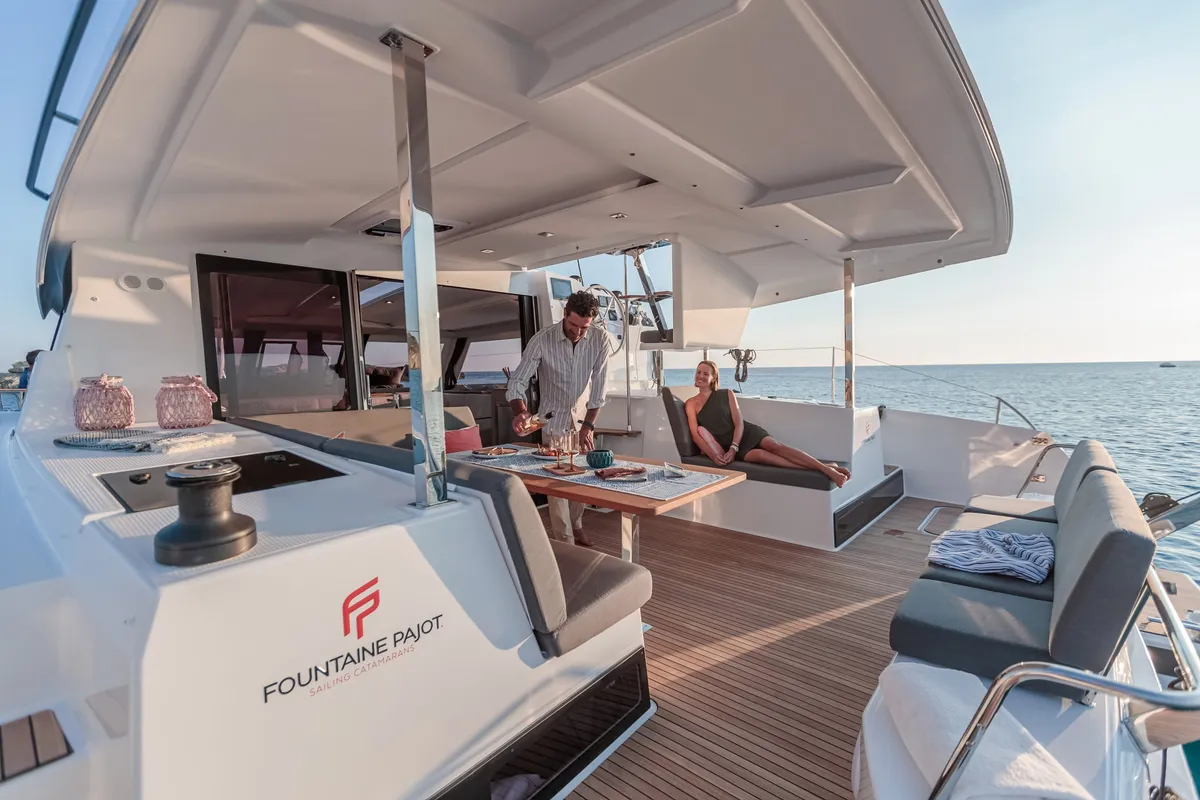 Deck of Anasa, a Fountaine Pajot Isla 40 catamaran at Lefkada, Greece