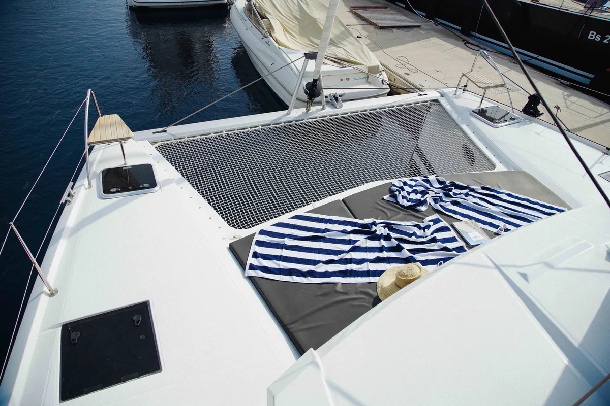 Deck of Anasa, a Fountaine Pajot Isla 40 catamaran at Lefkada, Greece