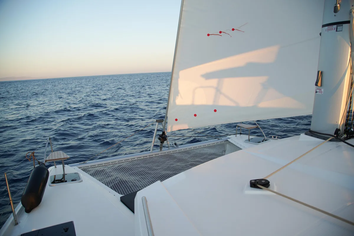 Deck of Anasa, a Fountaine Pajot Isla 40 catamaran at Lefkada, Greece