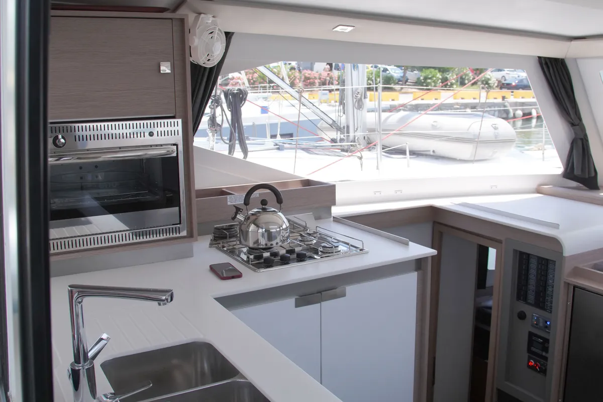 Galley of Anasa, a Fountaine Pajot Isla 40 catamaran at Lefkada, Greece