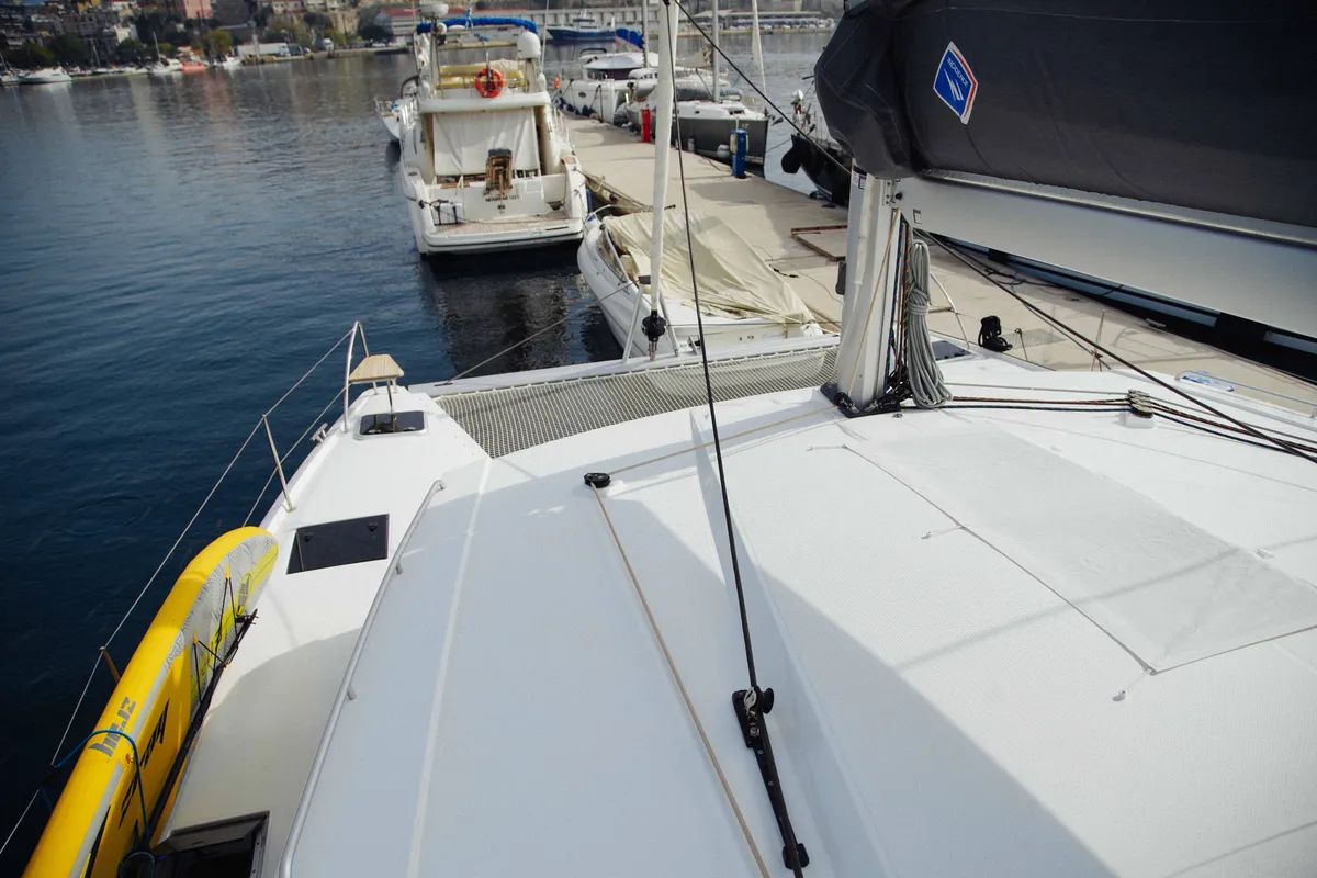 Deck of Anasa, a Fountaine Pajot Isla 40 catamaran at Lefkada, Greece