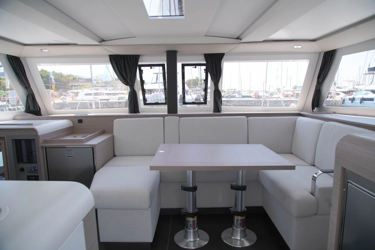 Salon of Anasa, a Fountaine Pajot Isla 40 catamaran at Lefkada, Greece