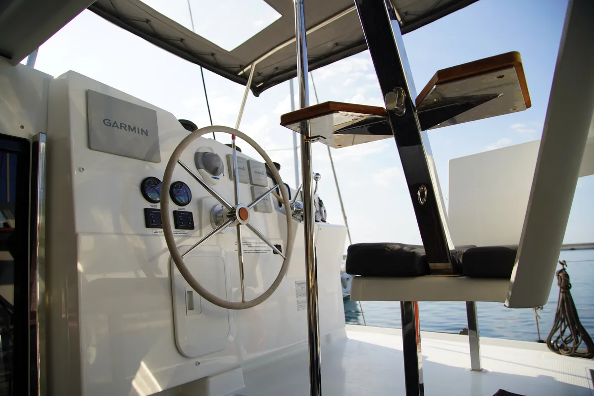 Cockpit of Anasa, a Fountaine Pajot Isla 40 catamaran at Lefkada, Greece