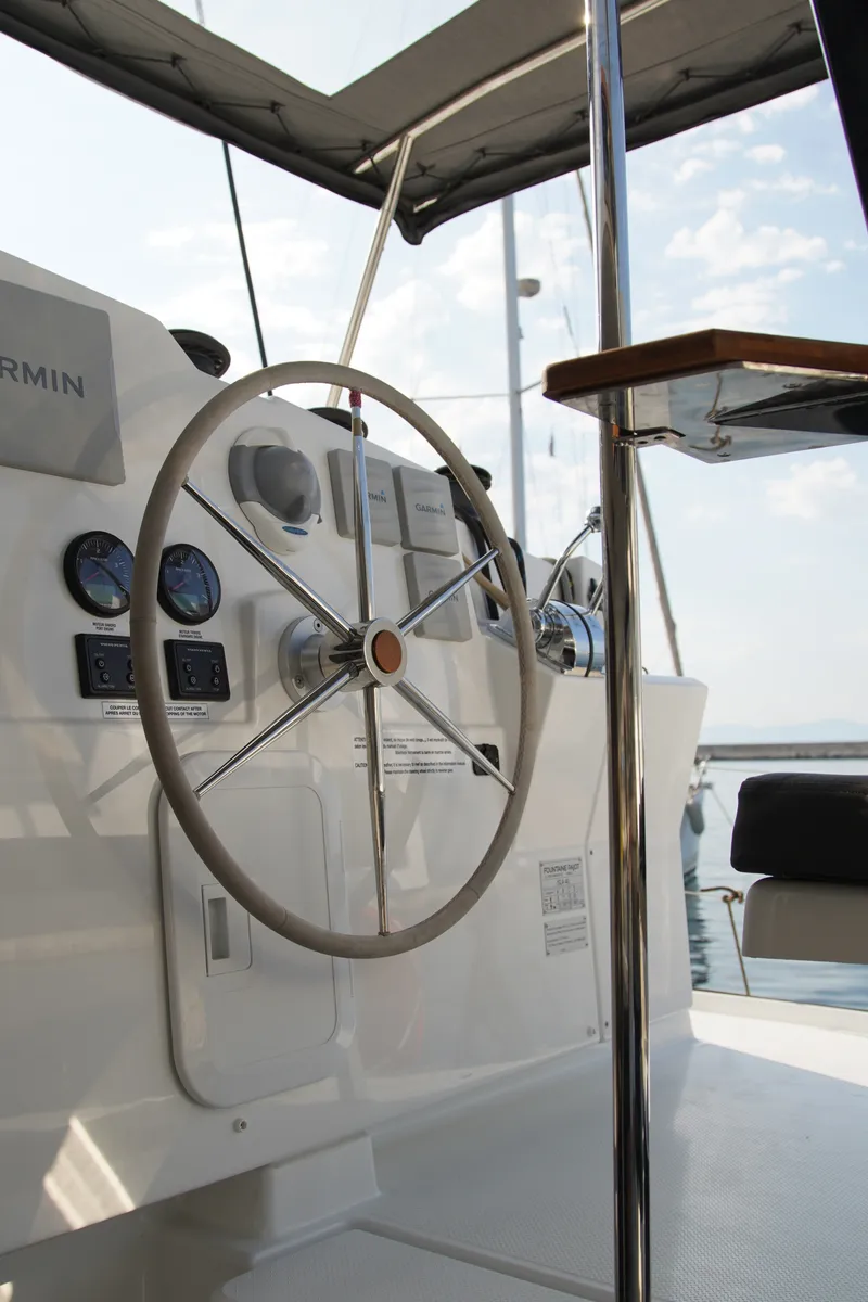 Cockpit of Anasa, a Fountaine Pajot Isla 40 catamaran at Lefkada, Greece