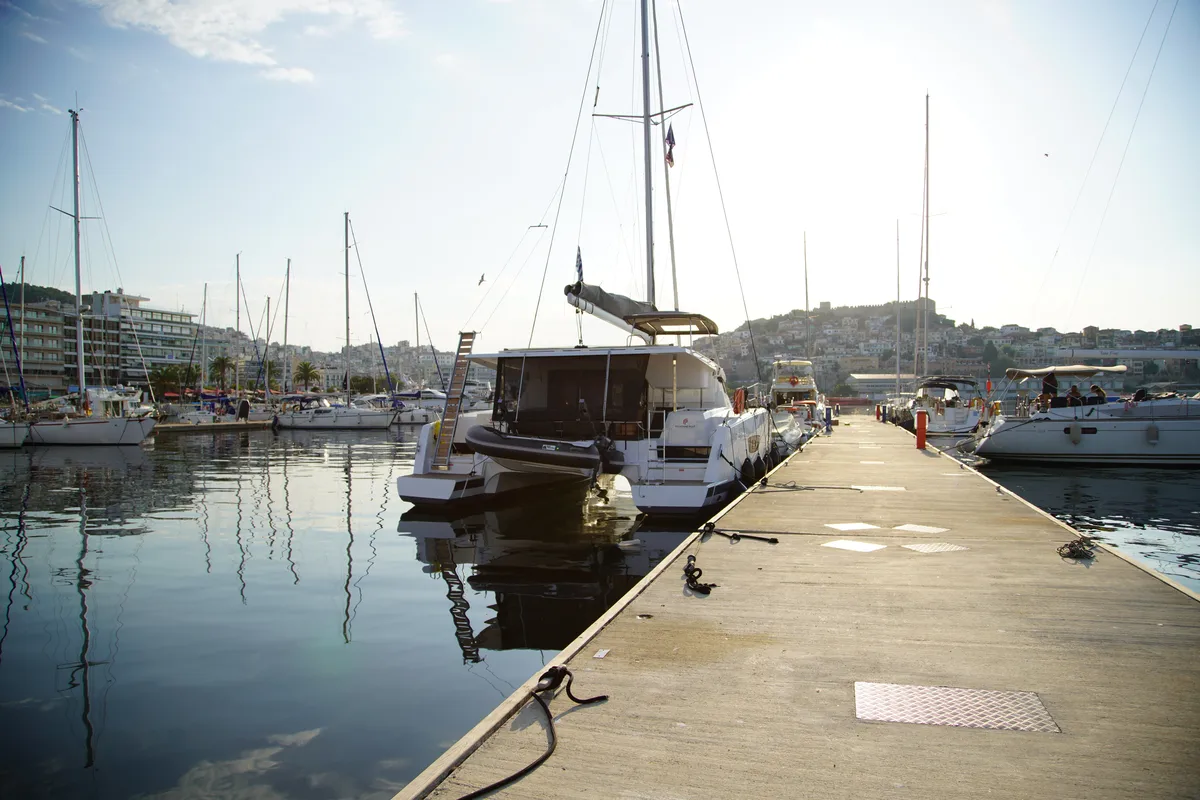 Exterior view of Anasa, a Fountaine Pajot Isla 40 catamaran at Lefkada, Greece