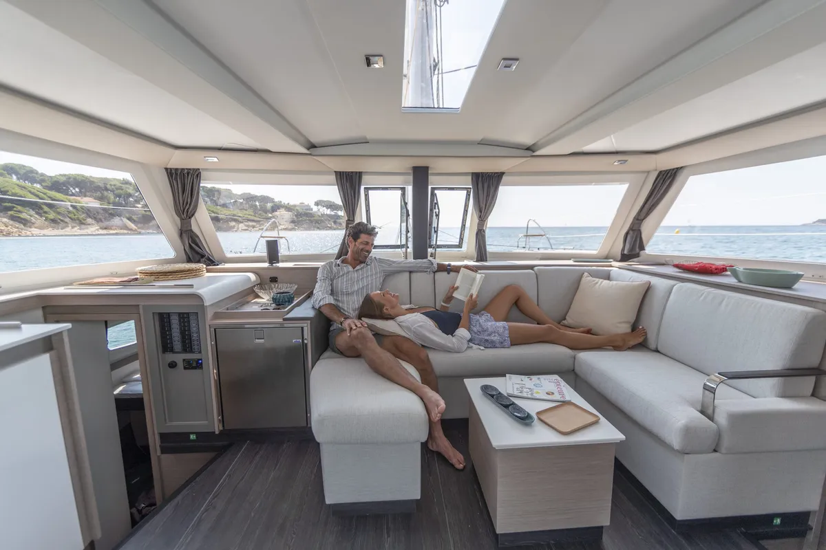 Deck of Anasa, a Fountaine Pajot Isla 40 catamaran at Lefkada, Greece