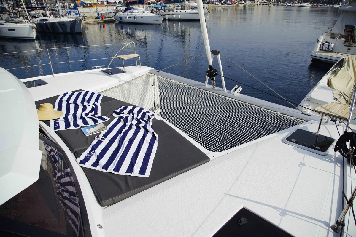 Deck of Anasa, a Fountaine Pajot Isla 40 catamaran at Lefkada, Greece