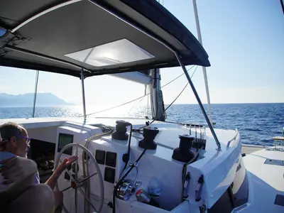 Cockpit of Anasa, a Fountaine Pajot Isla 40 catamaran at Lefkada, Greece