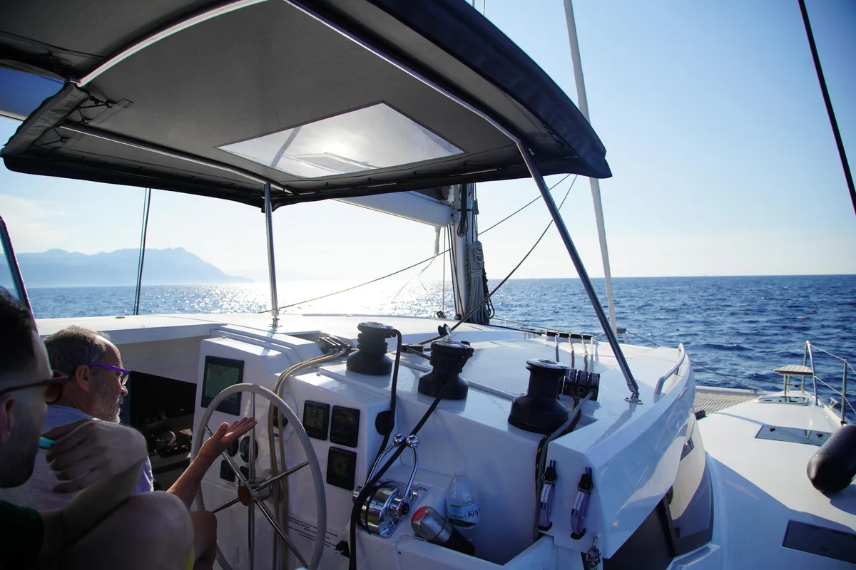 Cockpit of Anasa, a Fountaine Pajot Isla 40 catamaran at Lefkada, Greece