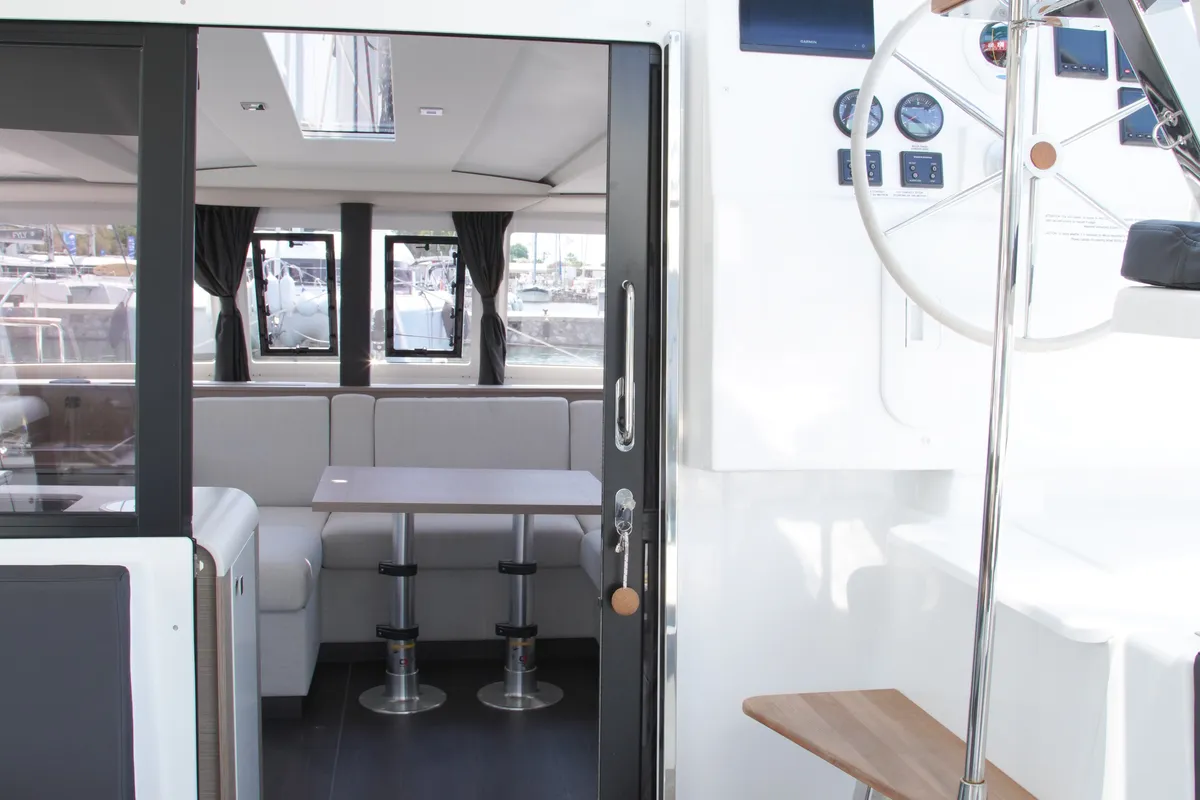 Deck of Anasa, a Fountaine Pajot Isla 40 catamaran at Lefkada, Greece