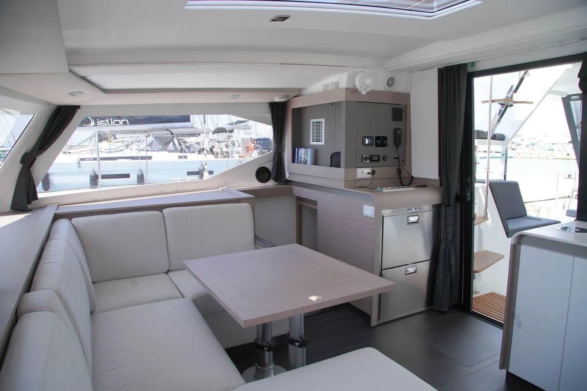 Salon of Anasa, a Fountaine Pajot Isla 40 catamaran at Lefkada, Greece