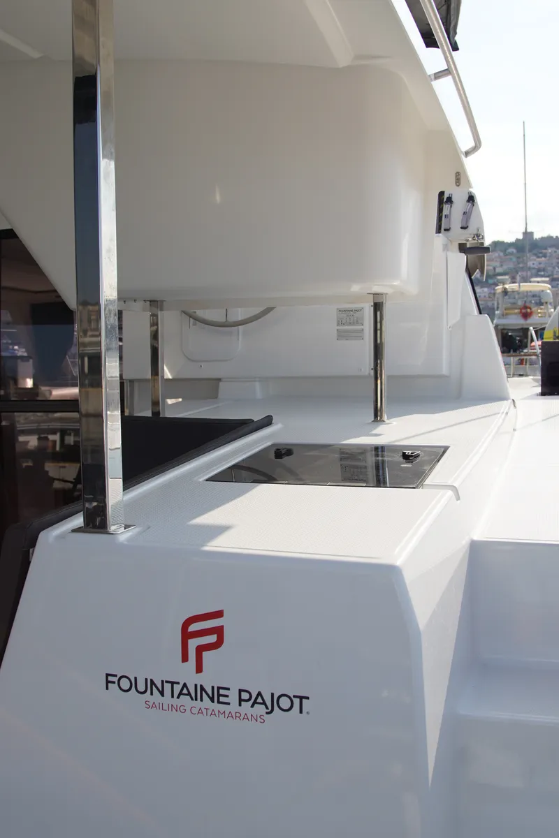 Exterior view of Anasa, a Fountaine Pajot Isla 40 catamaran at Lefkada, Greece