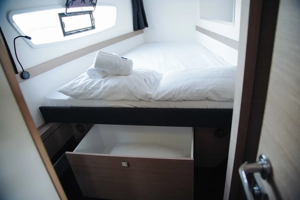 Cabin on Anasa, a Fountaine Pajot Isla 40 catamaran at Lefkada, Greece