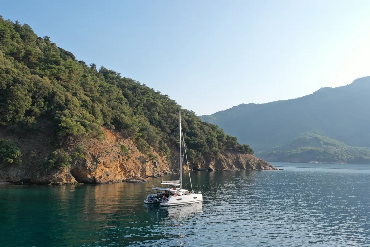 Exterior view of Anasa, a Fountaine Pajot Isla 40 catamaran at Lefkada, Greece