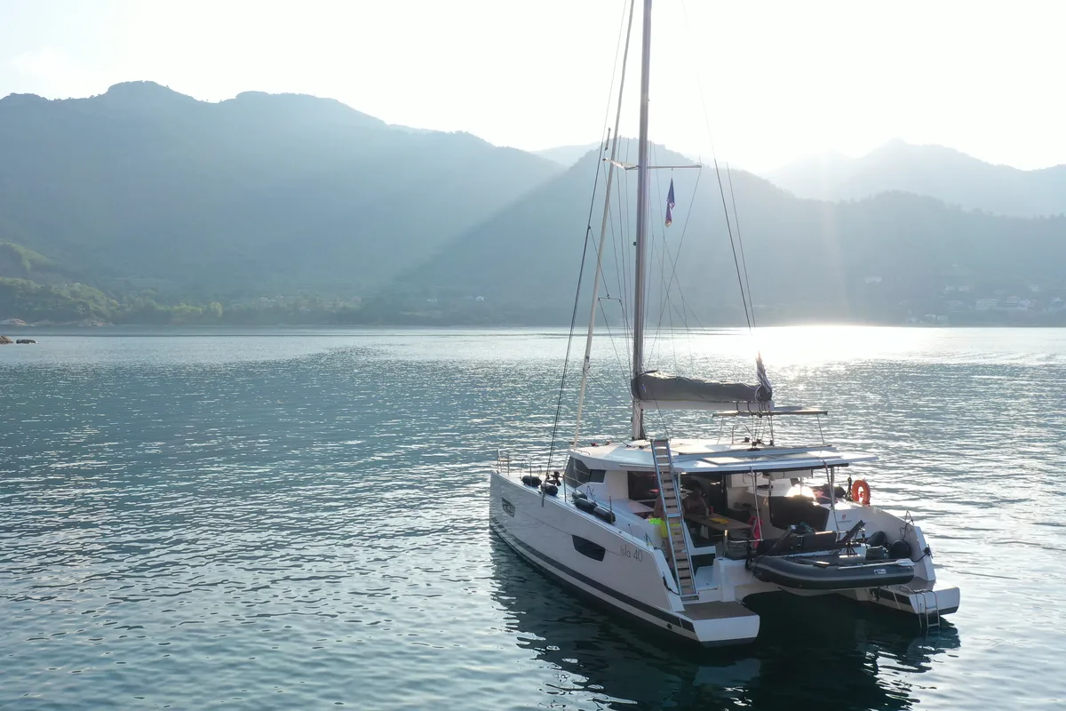 Exterior view of Anasa, a Fountaine Pajot Isla 40 catamaran at Lefkada, Greece