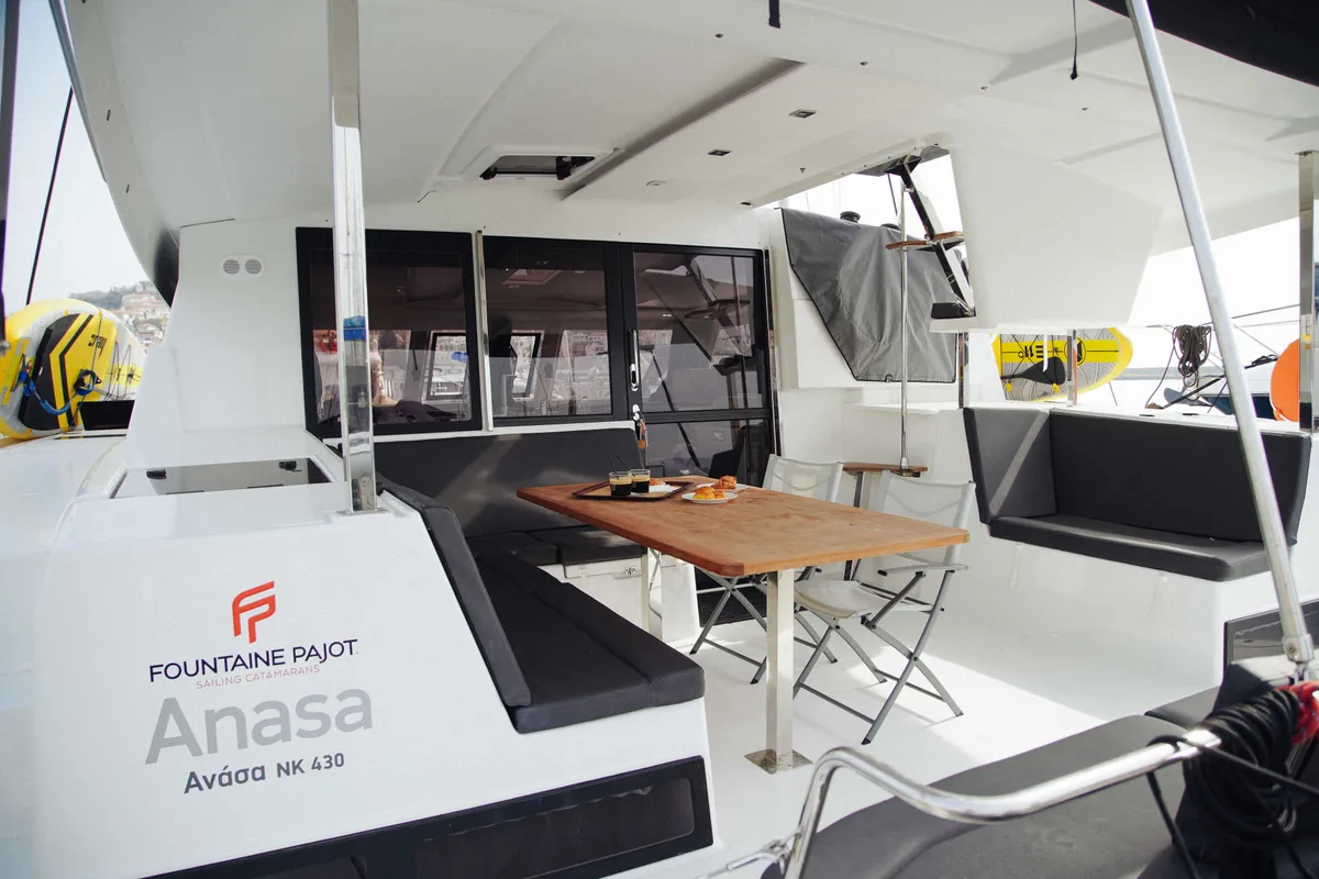 Salon of Anasa, a Fountaine Pajot Isla 40 catamaran at Lefkada, Greece