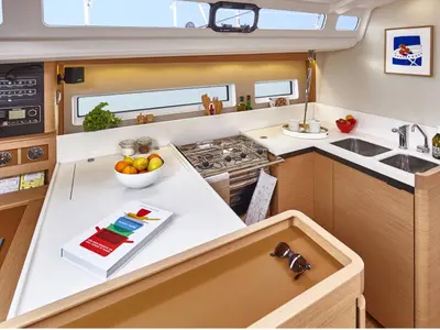 Galley of Astro, a Jeanneau Sun Odyssey 440 sailboat at Municipal Unit of Lefkada, Greece