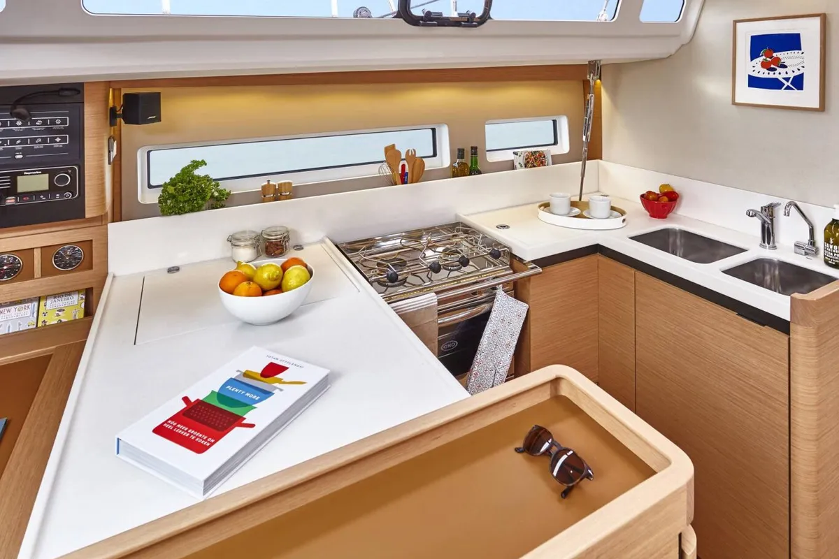 Galley of Astro, a Jeanneau Sun Odyssey 440 sailboat at Municipal Unit of Lefkada, Greece