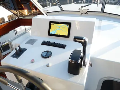 Cockpit of Orion, a Gulet Nowee Novi 42 motorboat at Akkrum, Netherlands