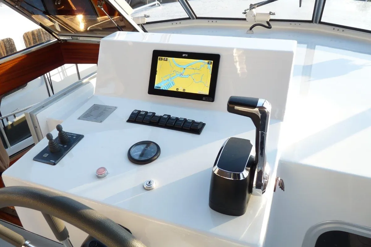 Cockpit of Orion, a Gulet Nowee Novi 42 motorboat at Akkrum, Netherlands