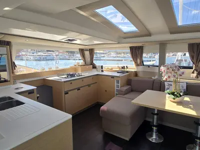Galley of Ruinart, a Fountaine Pajot Elba 45 catamaran at Olbia, Italy