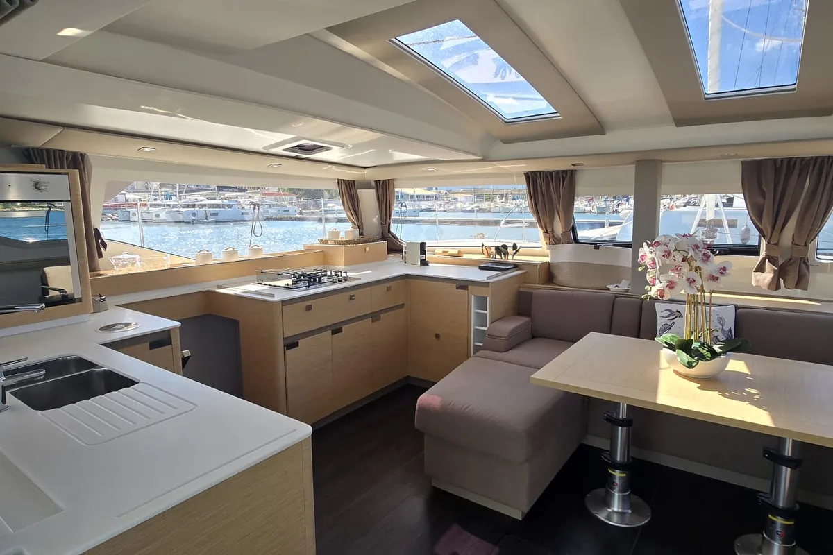 Galley of Ruinart, a Fountaine Pajot Elba 45 catamaran at Olbia, Italy