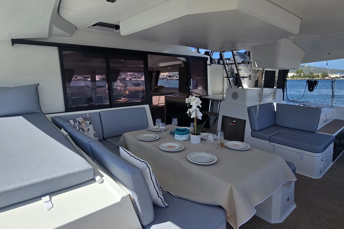 Deck of Ruinart, a Fountaine Pajot Elba 45 catamaran at Olbia, Italy