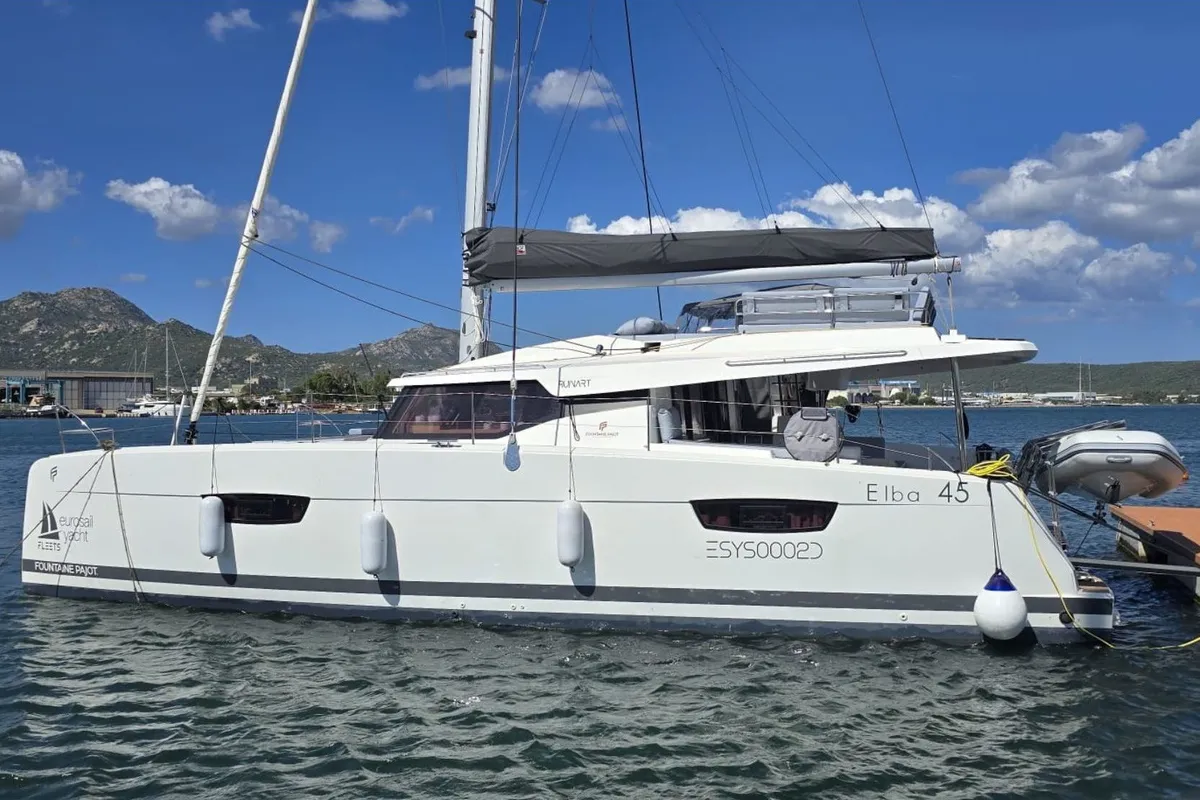 Exterior view of Ruinart, a Fountaine Pajot Elba 45 catamaran at Olbia, Italy