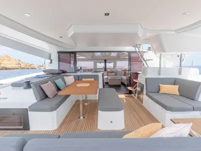 Deck of Ruinart, a Fountaine Pajot Elba 45 catamaran at Olbia, Italy