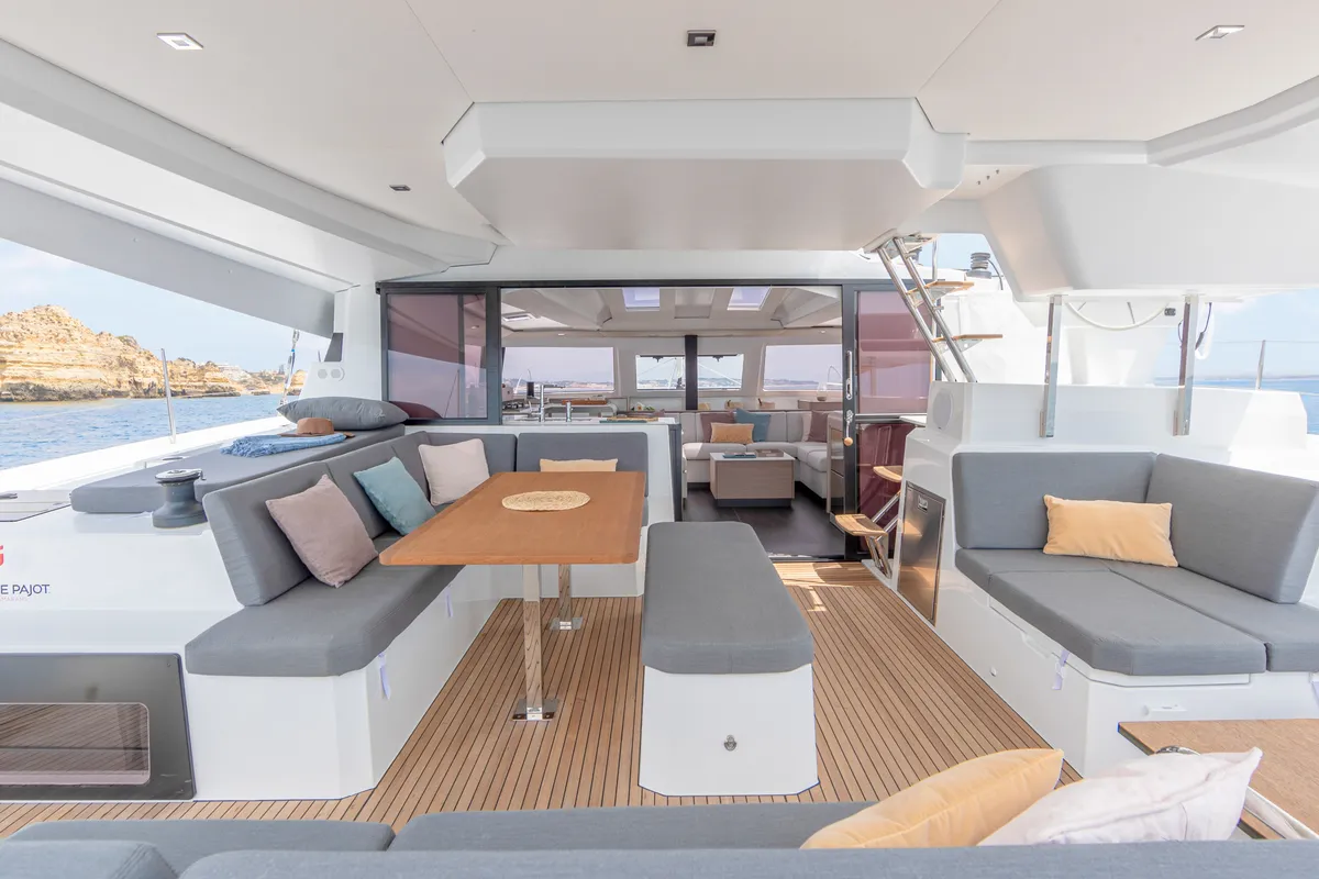 Deck of Ruinart, a Fountaine Pajot Elba 45 catamaran at Olbia, Italy