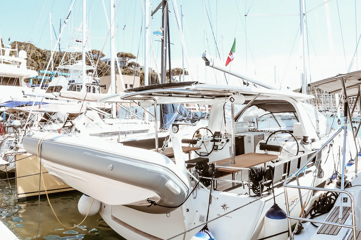 Exterior view of Vega, a Jeanneau Sun Loft 47 sailboat at Olbia, Italy