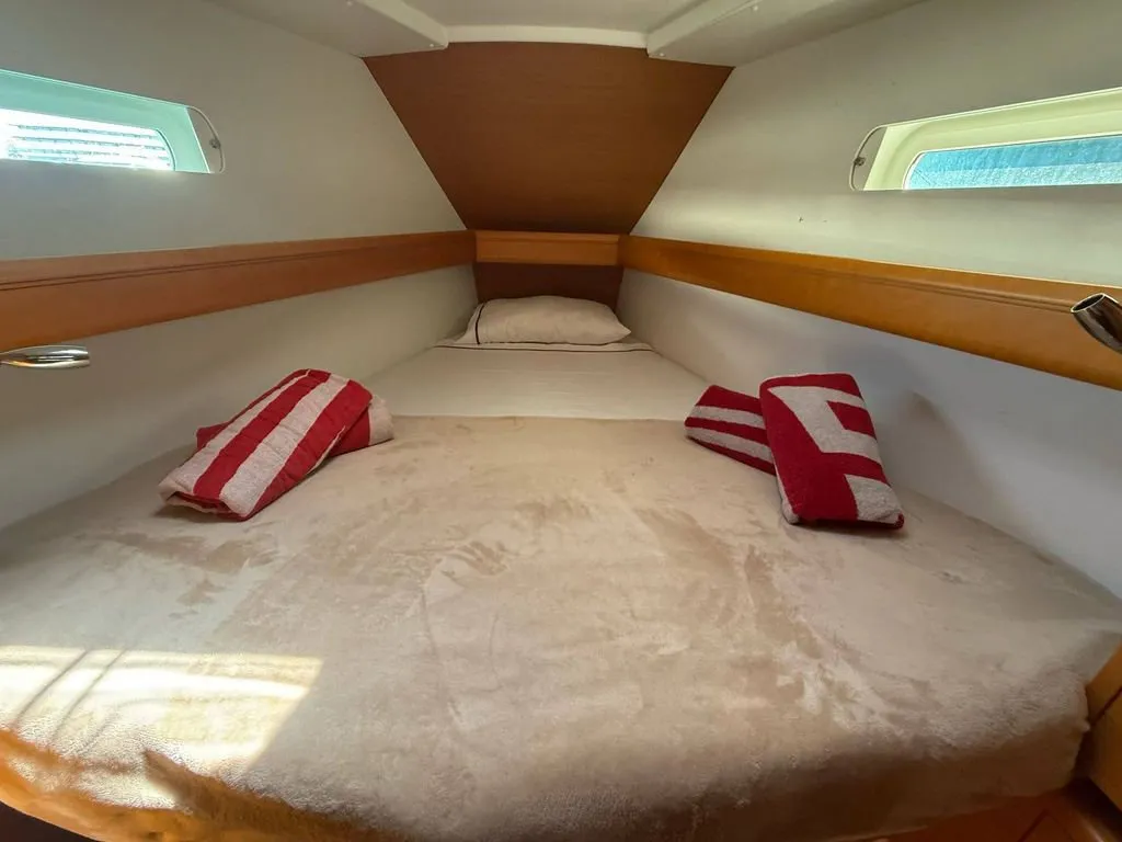 Cabin on Mientras Tanto, a Jeanneau Sun Odyssey 449 sailboat at Ibiza, Spain