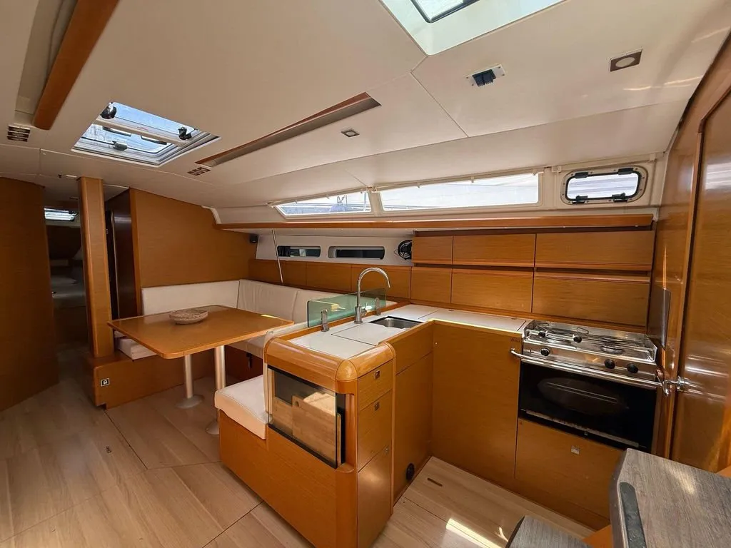Galley of Mientras Tanto, a Jeanneau Sun Odyssey 449 sailboat at Ibiza, Spain