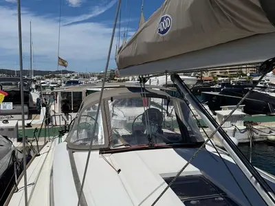 Deck of Mientras Tanto, a Jeanneau Sun Odyssey 449 sailboat at Ibiza, Spain