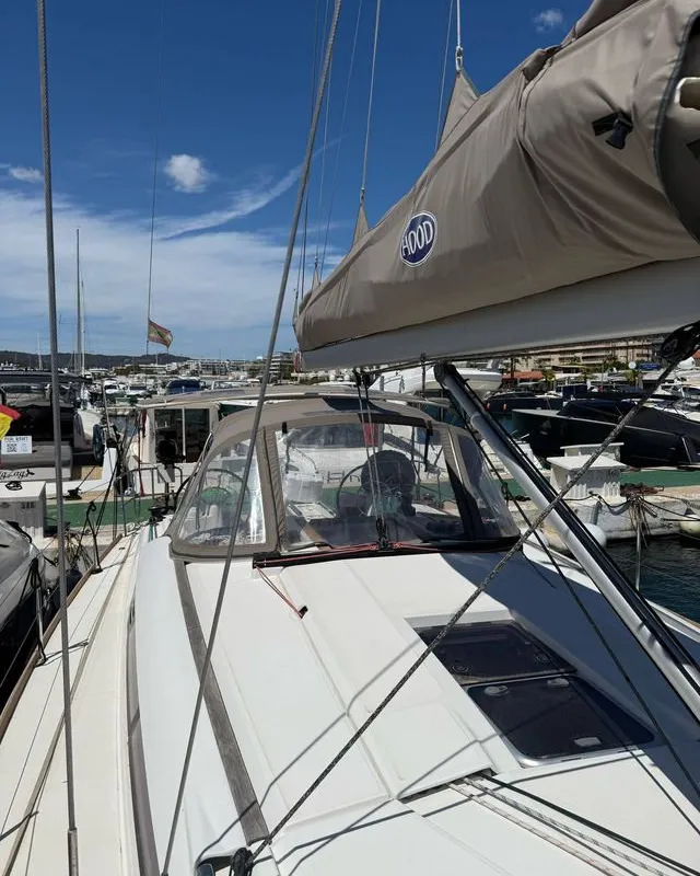 Deck of Mientras Tanto, a Jeanneau Sun Odyssey 449 sailboat at Ibiza, Spain