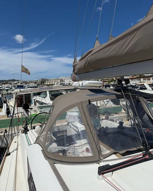 Deck of Mientras Tanto, a Jeanneau Sun Odyssey 449 sailboat at Ibiza, Spain