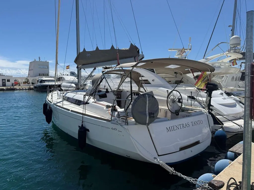 Head on Mientras Tanto, a Jeanneau Sun Odyssey 449 sailboat at Ibiza, Spain
