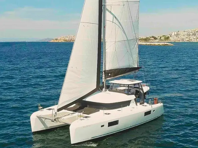 Exterior view of Rosa dei Venti, a Lagoon 42 catamaran at Parikia, Greece
